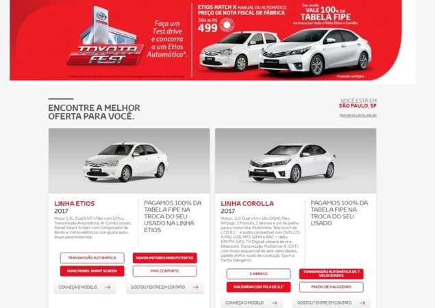 Algumas ofertas no site da Toyota